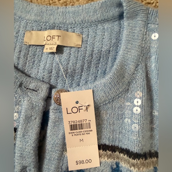 LOFT Sequin Fair Isle Sweater Jacket Light Blue Medium NWT - Picture 6 of 7